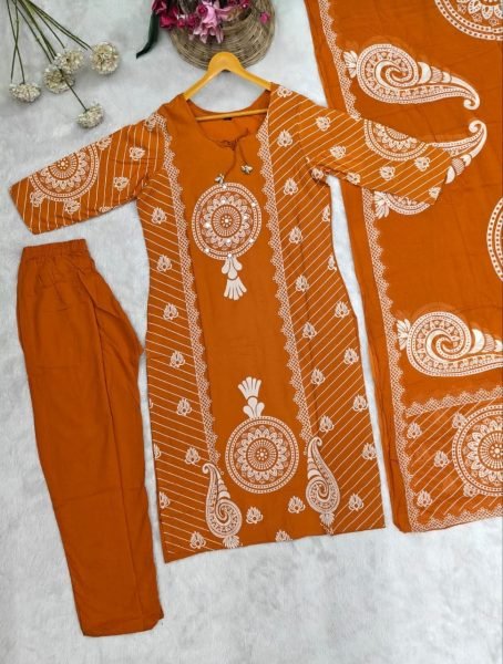 Marvelous Orange Designer Bandhani Print Cotton Suit Set with Mirror Work Neck Cotton Kurtis Wholesale