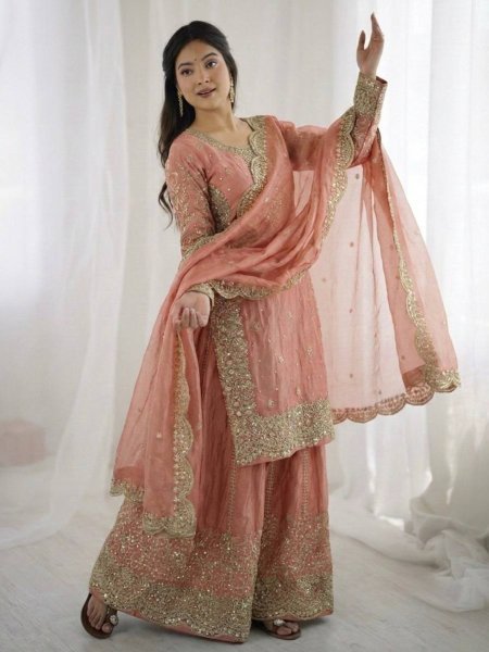 Marvelous Peach Boutique Style Silk Suit Set for Party Wear Women 