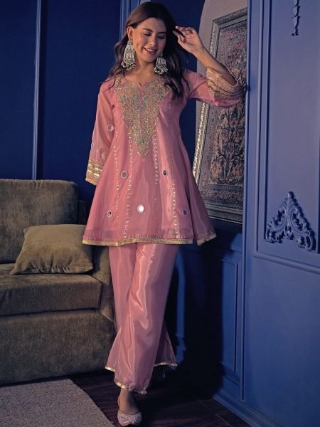 Marvelous Pearl Pink Crepe Co Ord Set with Embroidered Kurti And Matching Pant For Party Wear CO ORD Sets