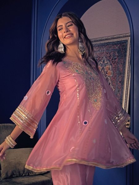 Marvelous Pearl Pink Crepe Co Ord Set with Embroidered Kurti And Matching Pant For Party Wear CO ORD Sets