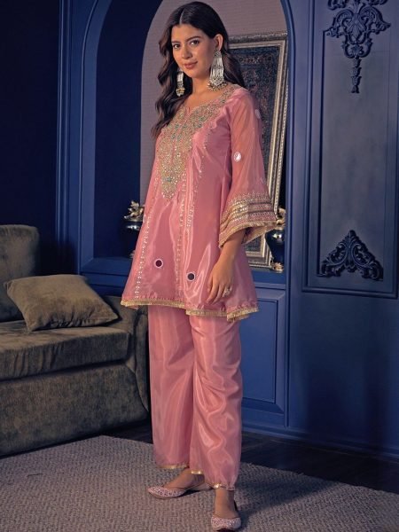 Marvelous Pearl Pink Crepe Co Ord Set with Embroidered Kurti And Matching Pant For Party Wear CO ORD Sets