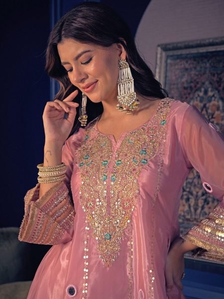Marvelous Pearl Pink Crepe Co Ord Set with Embroidered Kurti And Matching Pant For Party Wear CO ORD Sets