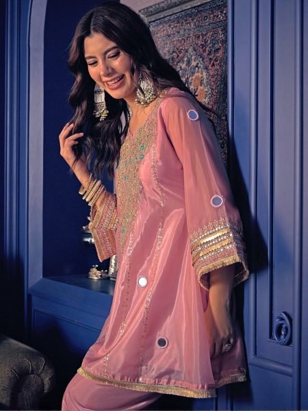 Marvelous Pearl Pink Crepe Co Ord Set with Embroidered Kurti And Matching Pant For Party Wear CO ORD Sets