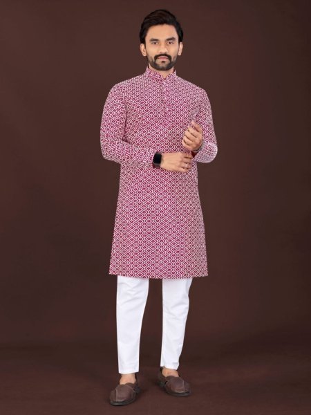 Marvelous Pink and White Patterned Straight Kurta with White Pajama Mens Wear