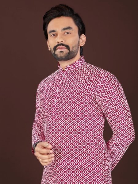 Marvelous Pink and White Patterned Straight Kurta with White Pajama Kurta Pajama Wholesale