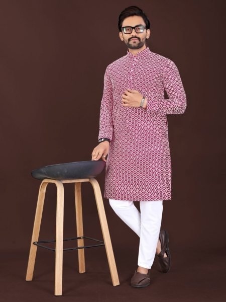 Marvelous Pink and White Patterned Straight Kurta with White Pajama Kurta Pajama Wholesale