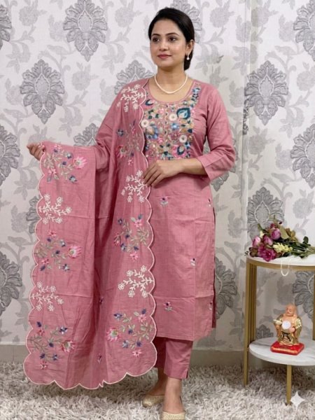 Marvelous Pink Kurti Pant Dupatta Set with Hand Work for Festive Wear Kurtis