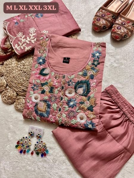 Marvelous Pink Kurti Pant Dupatta Set with Hand Work for Festive Wear  Straight Cut Long Kurtis