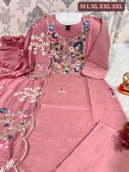 Marvelous Pink Kurti Pant Dupatta Set with Hand Work for Festive Wear  Straight Cut Long Kurtis