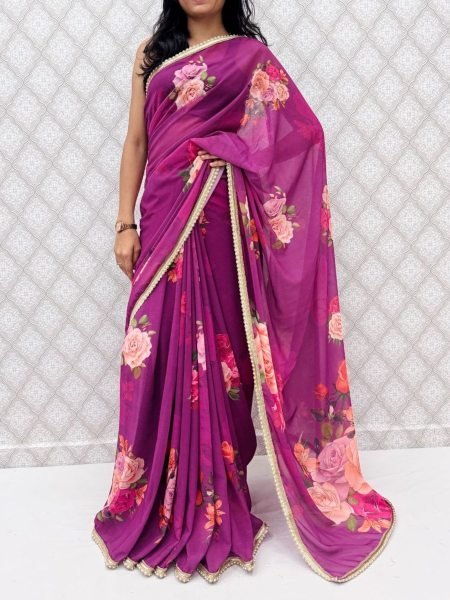 Marvelous Purple Floral Saree with Rich Sequins Border for Festive Wear Sarees 