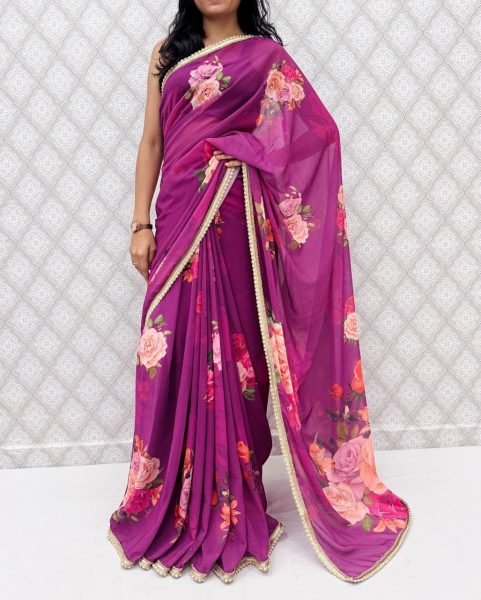 Marvelous Purple Floral Saree with Rich Sequins Border for Festive Wear Printed Cotton Sarees Wholesale