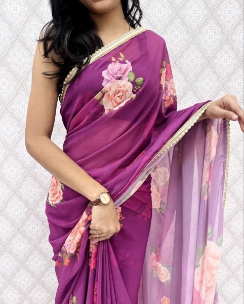 Marvelous Purple Floral Saree with Rich Sequins Border for Festive Wear Printed Cotton Sarees Wholesale