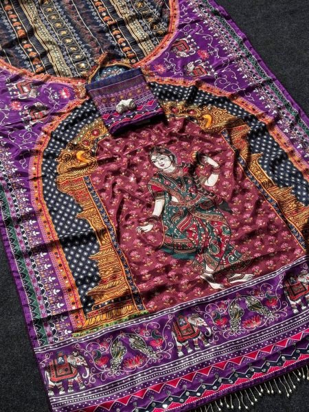 Marvelous Purple Modal Ultra Silk Crepe Position Print Saree with Real Mirror Work For Wedding 