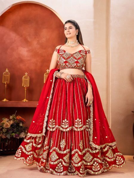 Marvelous Red Bridal Faux Georgette Lehenga with Sequins Zari Work For Wedding Wear  Lehenga