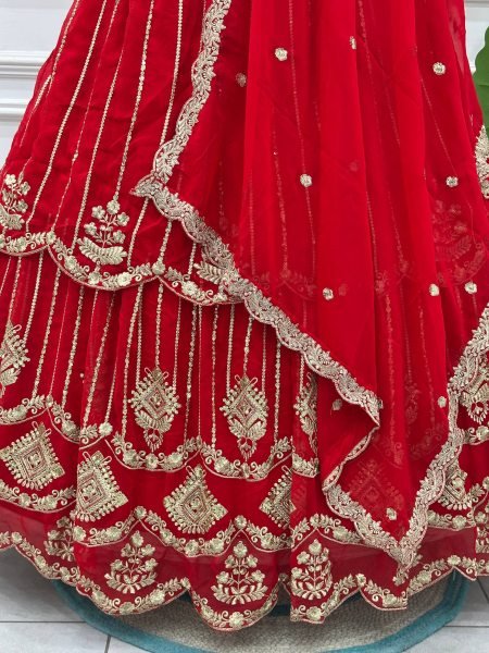 Marvelous Red Bridal Faux Georgette Lehenga with Sequins Zari Work For Wedding Wear Bridal Lehenga Choli