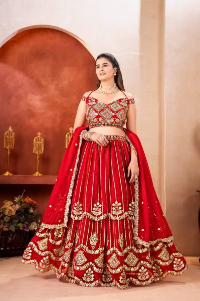 Marvelous Red Bridal Faux Georgette Lehenga with Sequins Zari Work For Wedding Wear Bridal Lehenga Choli
