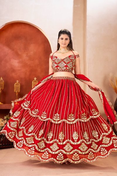 Marvelous Red Bridal Faux Georgette Lehenga with Sequins Zari Work For Wedding Wear Bridal Lehenga Choli
