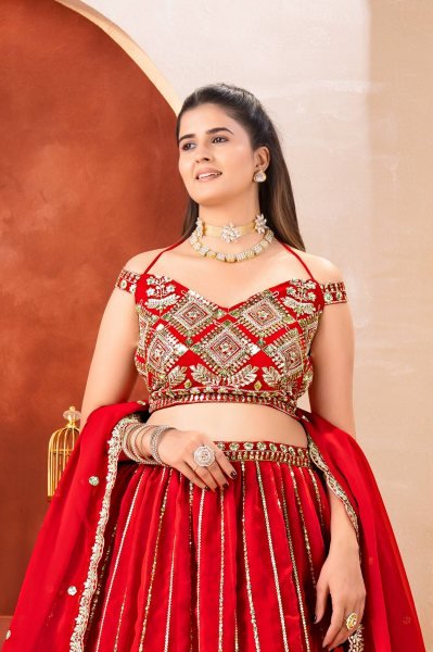 Marvelous Red Bridal Faux Georgette Lehenga with Sequins Zari Work For Wedding Wear Bridal Lehenga Choli