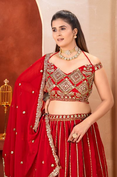 Marvelous Red Bridal Faux Georgette Lehenga with Sequins Zari Work For Wedding Wear Bridal Lehenga Choli