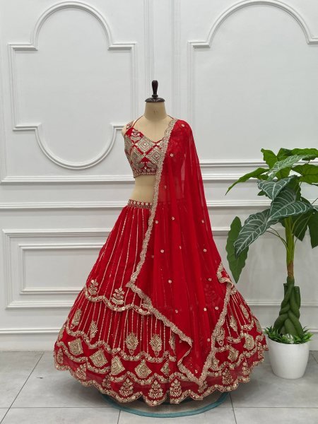 Marvelous Red Bridal Faux Georgette Lehenga with Sequins Zari Work For Wedding Wear Bridal Lehenga Choli