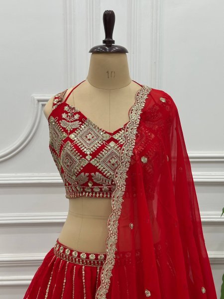 Marvelous Red Bridal Faux Georgette Lehenga with Sequins Zari Work For Wedding Wear Bridal Lehenga Choli