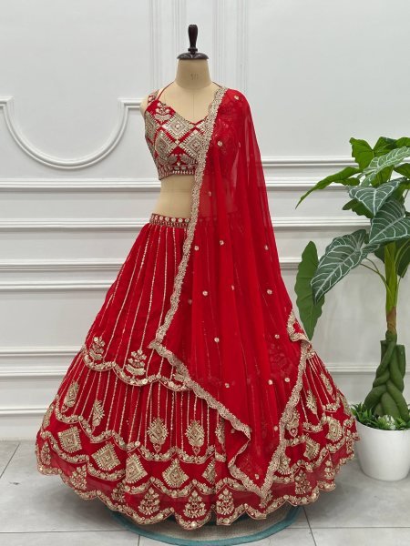 Marvelous Red Bridal Faux Georgette Lehenga with Sequins Zari Work For Wedding Wear Bridal Lehenga Choli