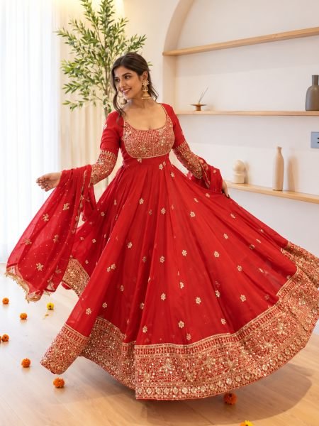 Marvelous Red Georgette Anarkali Suit with Thread and Sequin Work at Manufacturer  