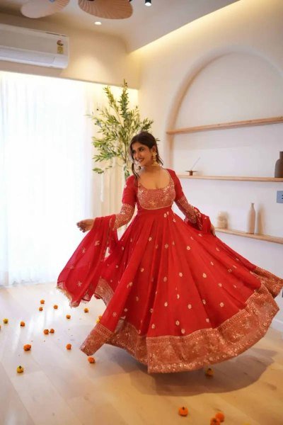 Marvelous Red Georgette Anarkali Suit with Thread and Sequin Work at Manufacturer  Ready To Wear Collection