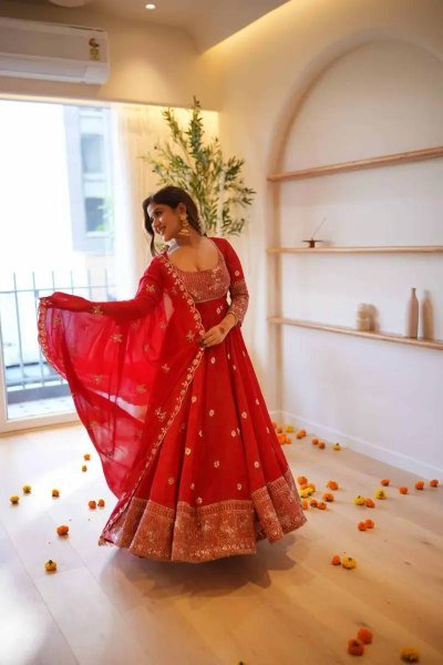 Marvelous Red Georgette Anarkali Suit with Thread and Sequin Work at Manufacturer  Ready To Wear Collection