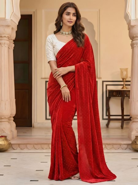 Marvelous Red Space Soft Silk Saree with Embroidered Blouse For Festival Sarees 