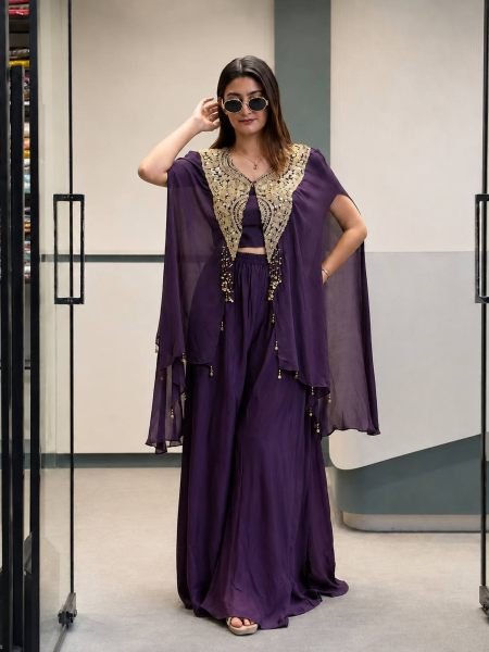 Marvelous Royal Purple Indo Western 3 Piece Set with Handwork Coin Lace at Wholesale Rate 