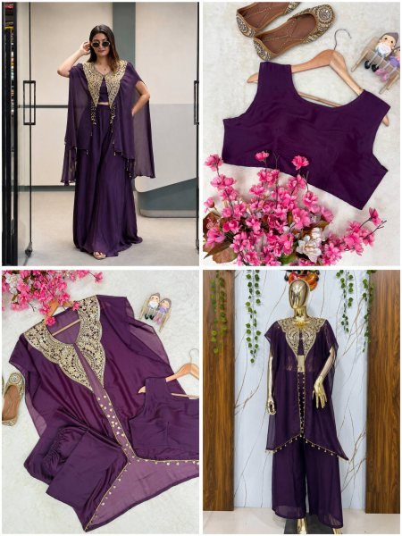 Marvelous Royal Purple Indo Western 3 Piece Set with Handwork Coin Lace at Wholesale Rate Ready To Wear Collection