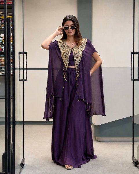 Marvelous Royal Purple Indo Western 3 Piece Set with Handwork Coin Lace at Wholesale Rate Ready To Wear Collection