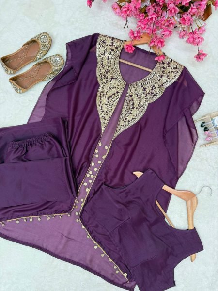 Marvelous Royal Purple Indo Western 3 Piece Set with Handwork Coin Lace at Wholesale Rate Ready To Wear Collection
