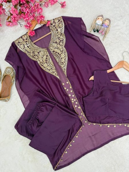 Marvelous Royal Purple Indo Western 3 Piece Set with Handwork Coin Lace at Wholesale Rate Ready To Wear Collection