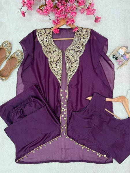 Marvelous Royal Purple Indo Western 3 Piece Set with Handwork Coin Lace at Wholesale Rate Ready To Wear Collection
