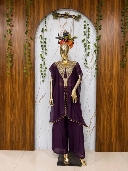Marvelous Royal Purple Indo Western 3 Piece Set with Handwork Coin Lace at Wholesale Rate Ready To Wear Collection