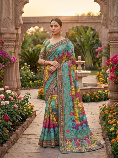 Marvelous Sky Blue Chinon Saree with Mirror Work and Printed Blouse For Diwali Collection Sarees 