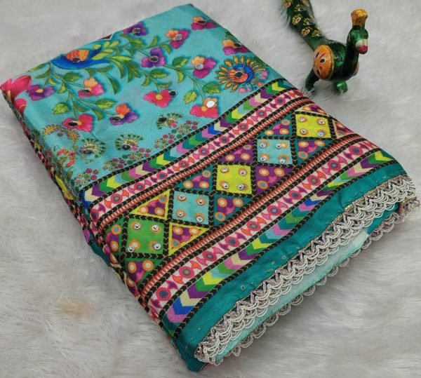 Marvelous Sky Blue Chinon Saree with Mirror Work and Printed Blouse For Diwali Collection Printed Cotton Sarees Wholesale