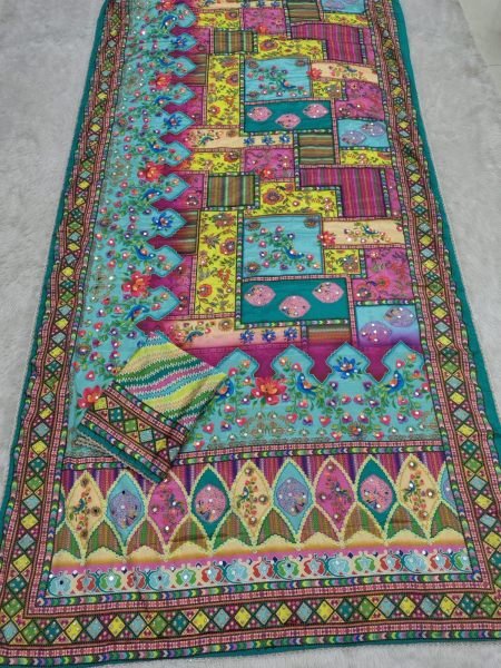 Marvelous Sky Blue Chinon Saree with Mirror Work and Printed Blouse For Diwali Collection Printed Cotton Sarees Wholesale