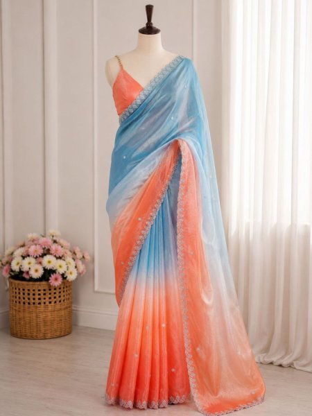 Marvelous SkyBlue Orange Space Silk Party Wear Saree with Rich Sequins Embroidery Sarees 