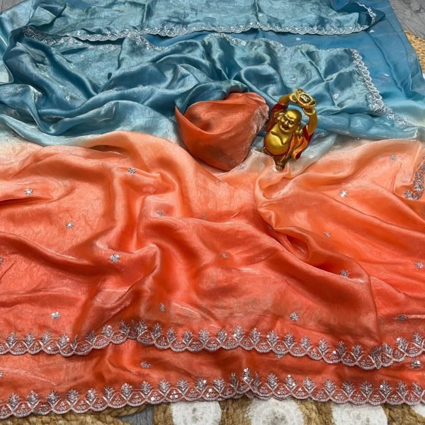Marvelous SkyBlue Orange Space Silk Party Wear Saree with Rich Sequins Embroidery Silk Sarees Wholesale