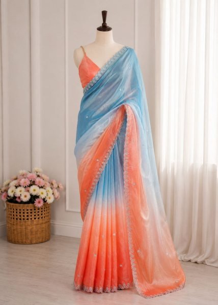 Marvelous SkyBlue Orange Space Silk Party Wear Saree with Rich Sequins Embroidery Silk Sarees Wholesale