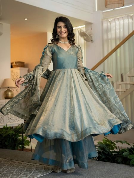 Marvelous Teal Blue Heavy Fandy Silk Anarkali Palazzo Dupatta Set at Wholesale Rate Ready To Wear Suit