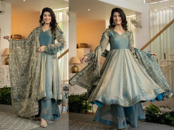 Marvelous Teal Blue Heavy Fandy Silk Anarkali Palazzo Dupatta Set at Wholesale Rate Ready To Wear Collection
