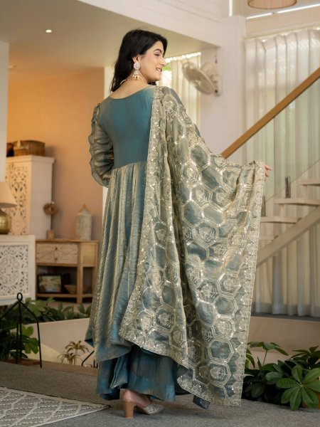 Marvelous Teal Blue Heavy Fandy Silk Anarkali Palazzo Dupatta Set at Wholesale Rate Ready To Wear Collection