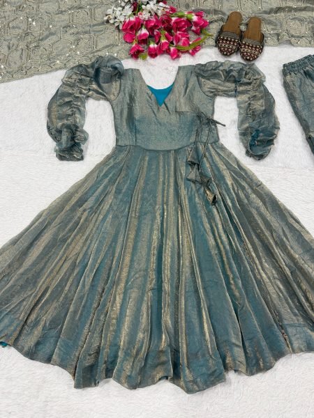 Marvelous Teal Blue Heavy Fandy Silk Anarkali Palazzo Dupatta Set at Wholesale Rate Ready To Wear Collection