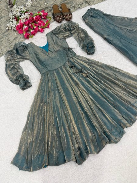 Marvelous Teal Blue Heavy Fandy Silk Anarkali Palazzo Dupatta Set at Wholesale Rate Ready To Wear Collection