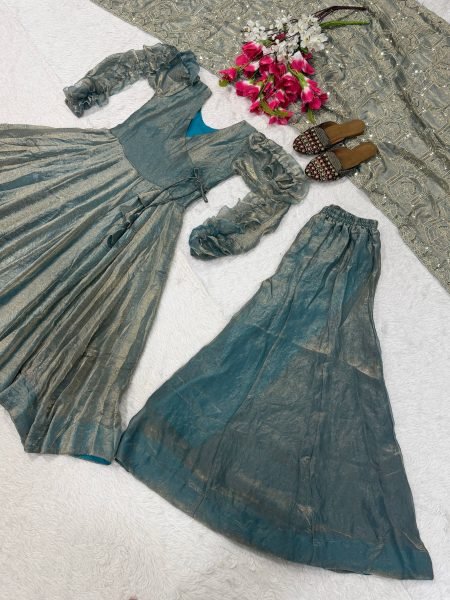 Marvelous Teal Blue Heavy Fandy Silk Anarkali Palazzo Dupatta Set at Wholesale Rate Ready To Wear Collection