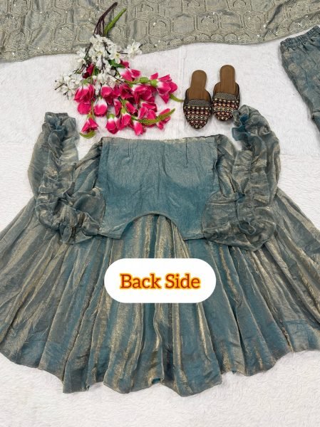 Marvelous Teal Blue Heavy Fandy Silk Anarkali Palazzo Dupatta Set at Wholesale Rate Ready To Wear Collection